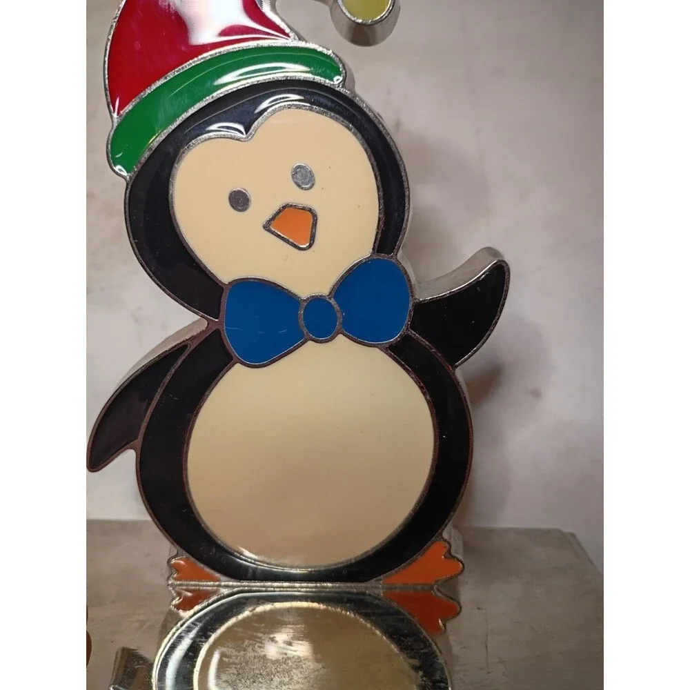 Enamel Metal Stocking Hanger Penguin & Christmas Tree